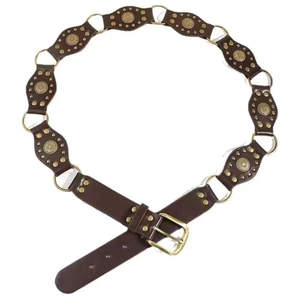 Vintage dark brown leather belt for women with bronze rings and rustic metal rivets