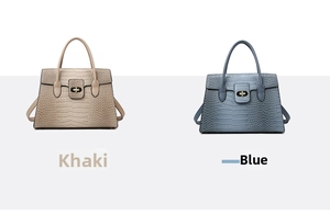 Comparison of khaki and blue handbags with crocodile pattern and metal lock closure