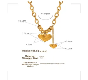 Detailed view of titanium steel chunky chain necklace with double heart pendants measurements