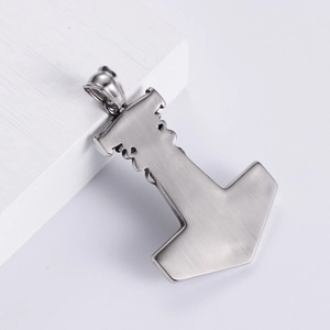 Nordic Viking Mjolnir pendant in brushed silver stainless steel on white geometry