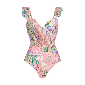Detailed view of pink one-piece swimsuit with lily print and ruffled shoulder straps