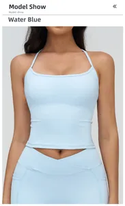 Front view of model wearing water blue yoga tank top and high waisted leggings set