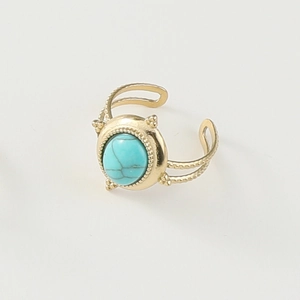 Close-up of a vintage gold-tone wide band ring featuring an oval turquoise stone inlay