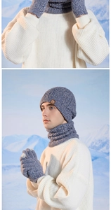 Detail view of blue knit beanie, neck warmer, and gloves set for winter warmth