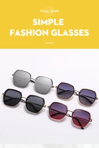 Detail of four colorful geometric metal sunglasses in gold and silver frames