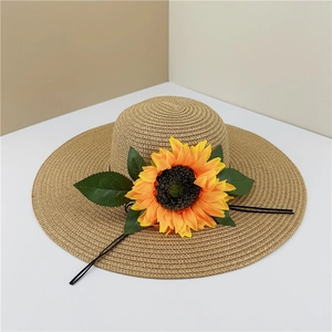 Chapeau De Soleil En Paille Tissée Avec Tournesol Large Bord Été Plage Vacances Décoration Florale Pour Femmes Respirant