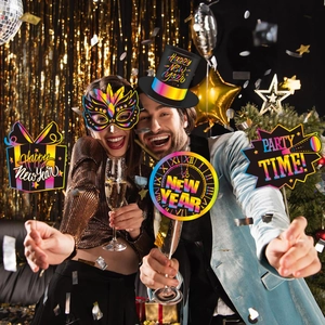 Neon 2026 New Year party handheld photo booth props kit with festive gold background