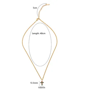 Gold stainless steel cross necklace with multicolored gems and 40cm adjustable chain