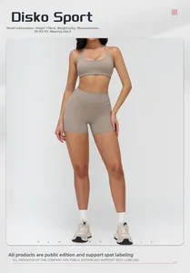 Close-up of khaki brushed sports set with cross back bra and high-waisted shorts