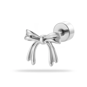 Elegant silver bow stud earring with screw back design for cartilage piercing on white background