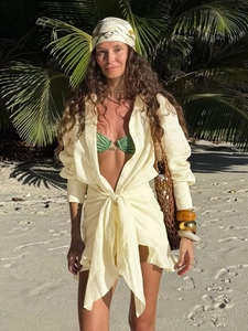 Chic cream long sleeve tie-waist shirt dress for summer beach vacation style
