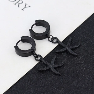 Detailed view of matte black starfish charm earrings with textured surface and sleek hoop