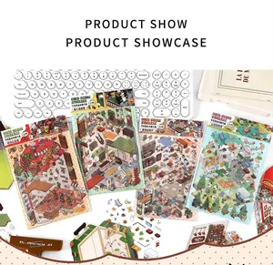 Detail showing four 2.5D isometric scenery stickers for journaling and DIY decor