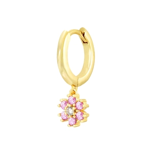 Detailed view of a gold hoop earring with a pink flower pendant and crystal center