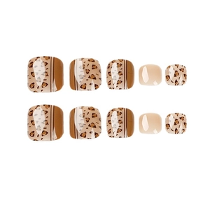 Press-on toenails featuring brown leopard print and nude color block design