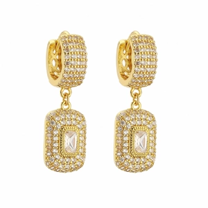 Detailed close-up of 18K gold plated rectangular earrings with white zircon paving