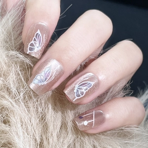 Ongles À Presser Papillon Œil De Chat Rose Nude Paillettes Faux Ongles Réutilisables Doux Mode Minimaliste Manucure Pour Femmes
