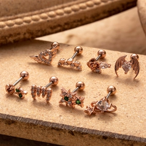 Set of 8 rose gold stainless steel cartilage earrings with hearts and crystals