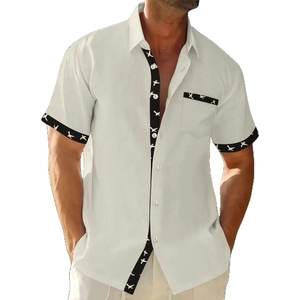 Men's ivory waffle knit short sleeve shirt with contrast printed bird pattern trim