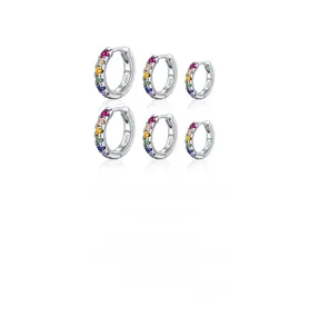 Detailed macro view of S925 sterling silver hoop earrings with rainbow stones in three sizes