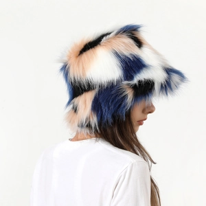 Side view of a fuzzy camouflage faux fur bucket hat with blue and brown plush texture