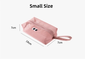 Pink mesh stationery bag with cartoon eyes embroidery and dimensions 19x7x7 cm