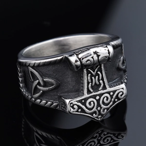 Viking Mjolnir Hammer Ring Stainless Steel Celtic Knot Retro Nordic Biker Jewelry For Men Unisex