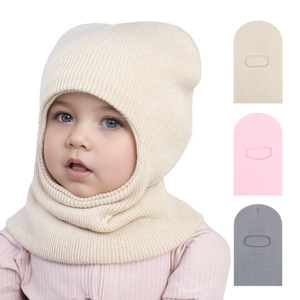 Toddler knitted balaclava hat in beige, pink, and grey for autumn and winter warmth
