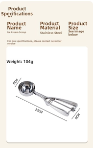 Detailed size chart of stainless steel ice cream scoop with spring handle dimensions