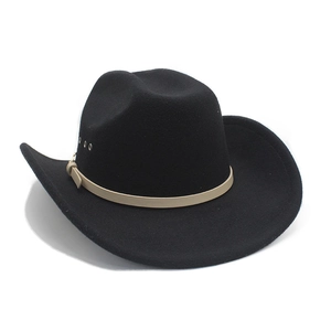 Detail of black western cowboy hat featuring beige leather band and gold metal eyelets