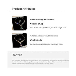Detailed size specifications for teardrop rhinestone necklace and earring jewelry sets