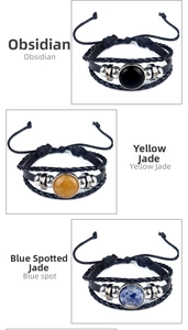 Bracelets en cuir tressé avec pierres d'obsidienne, de jade jaune et de pierre bleue