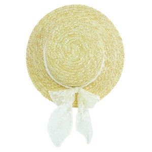 Elegant summer straw boater hat for women with white lace ribbon and bow detail