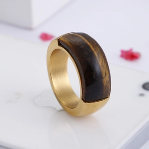 Minimalist wide titanium steel ring with brown tiger eye stone and gold brushed finish