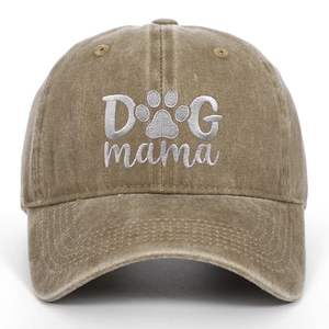 Washed cotton baseball cap in khaki with Dog Mama embroidery and paw print detail