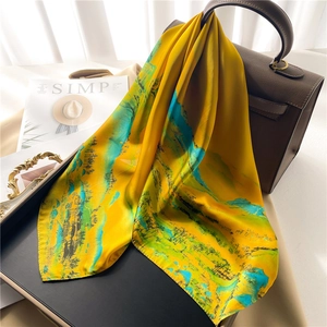 Women Elegant Satin Square Scarf Chinese Style Landscape Painting Print Imitation Satin Retro Neck Wrap Hair Band