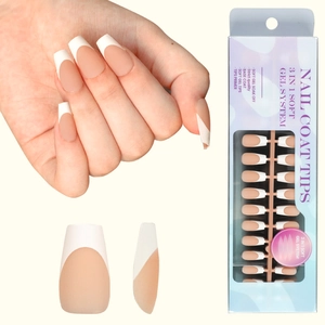 Detail of 3-in-1 soft gel French nail tips in light pink with blue retail packaging
