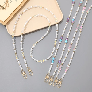 Beaded Crossbody Lanyard Imitation Artificial Pearl Crystal Clover Flower Bag Replacement Strap Phone Chain Elegant Accessories