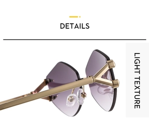 Detail view of gold metal hinges and purple gradient rimless lenses on stylish sunglasses