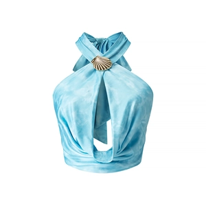 Halter Neck Backless Satin Top Tie Dye Sky Blue With Golden Shell Buckle Cutout Sexy Sleeveless Summer Vacation Women