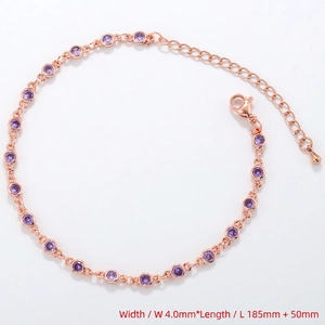 Detail view of 4.0mm width rose gold bracelet with purple cubic zirconia stones