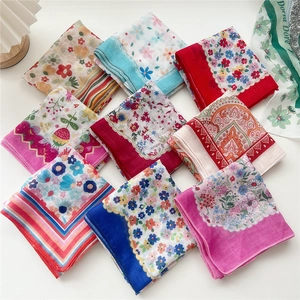 Set of assorted linen cotton square scarves with floral, geometric, and ethnic prints