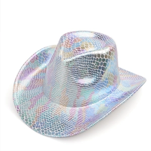 Macro detail of the colorful iridescent fish scale pattern on a stylish western cowboy hat