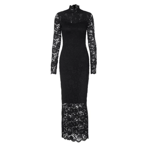 Close-up of the black lace sleeves and high neck pattern on this slim fit dress