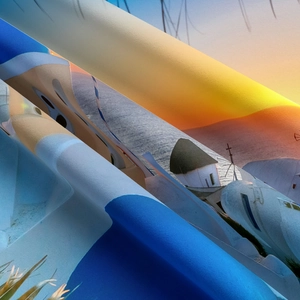 Detailed macro view of the premium silk fabric texture with Santorini architectural print