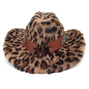 Detail of leopard print faux fur cowboy hat with embroidered brown leather trim band