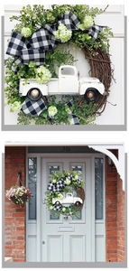 Detail of Christmas wreath with vintage white truck and black and white checkered bow