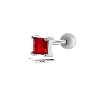 Detailed view of silver cartilage stud featuring a 0.5cm square red gemstone inlay