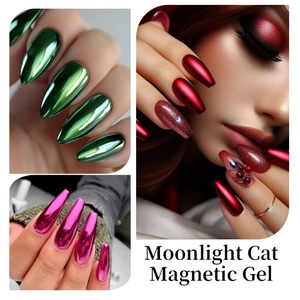 Detailed view of Moonlight Cat Magnetic Gel featuring emerald green and rose pink metallic effects