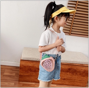 Pink strawberry cross-body bag for kids with sparkling sequins and adjustable strap